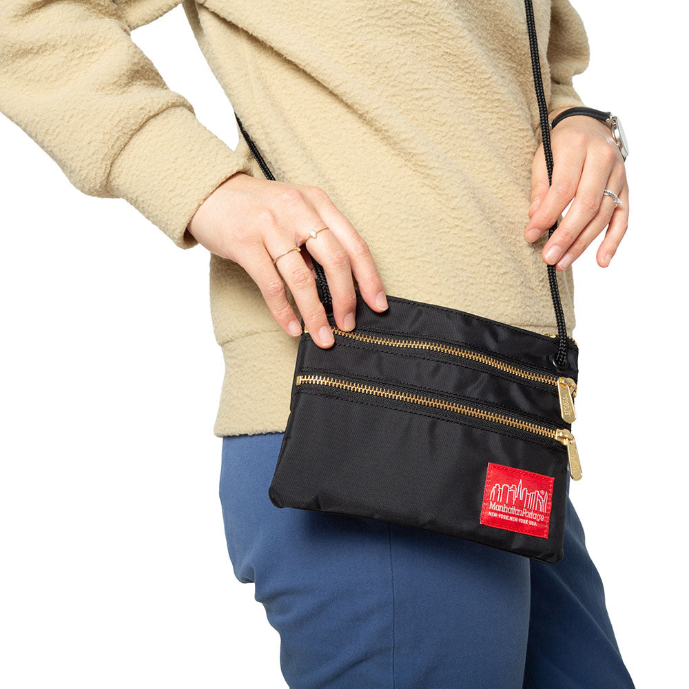 Triple Zipper Label Pouch With Woven Label (SM) BLK/GLD - Manhattan Portage