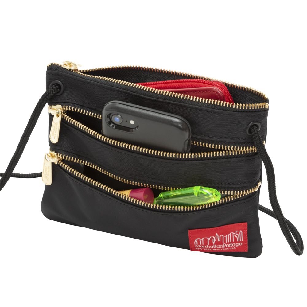 Triple Zipper Label Pouch With Woven Label (SM) BLK/GLD - Manhattan Portage